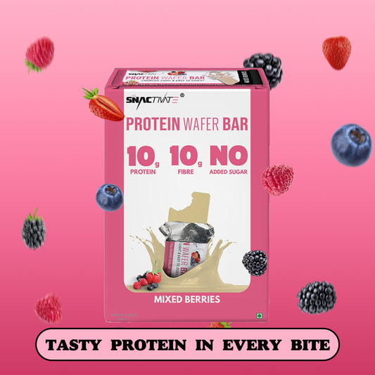 Mixed Berries Protein Wafer Bar box surrounded by strawberries, blueberries, raspberries and blackberries, with the line "Tasty protein in every bite"