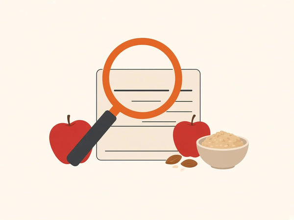 An orange magnifying glass over a blank food label, next to two apples, almonds and a bowl of oats.