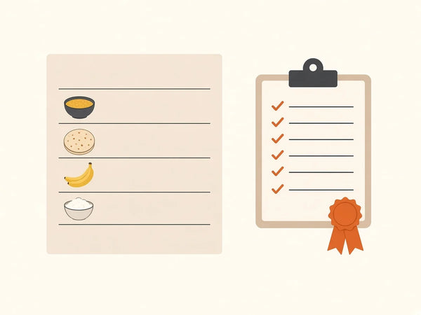A simple meal planner with dal, roti, banana and curd icons, beside a ticked grocery checklist and an orange ribbon.