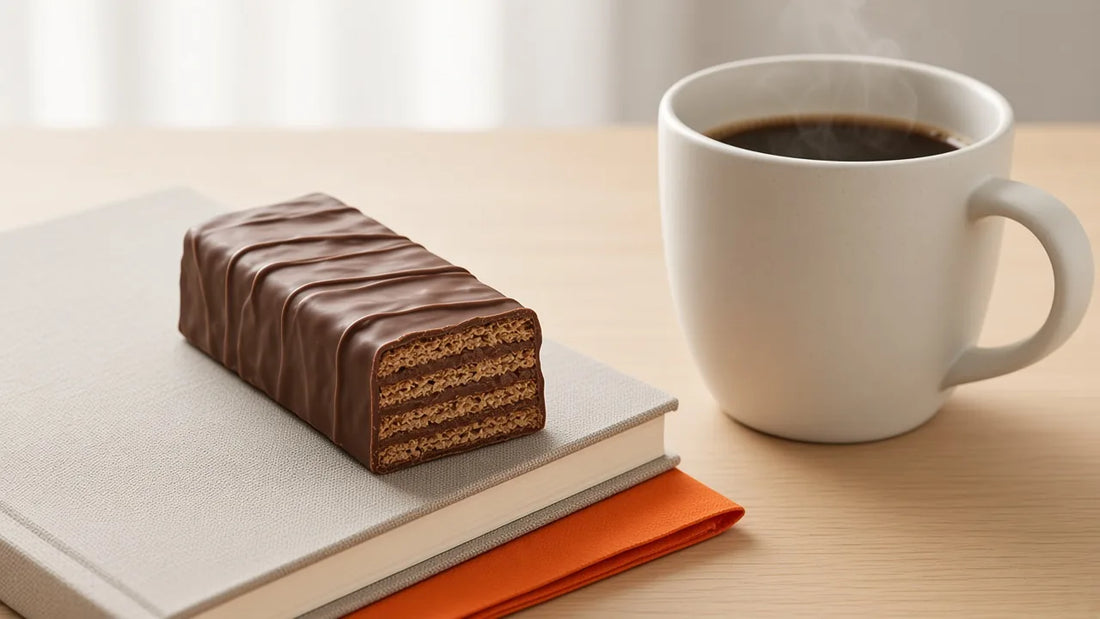 Chocolate protein wafer bar on notebooks beside a coffee mug