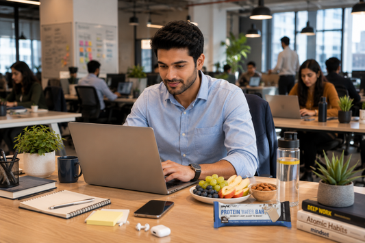 guy snacking on a protein and fiber snack in office