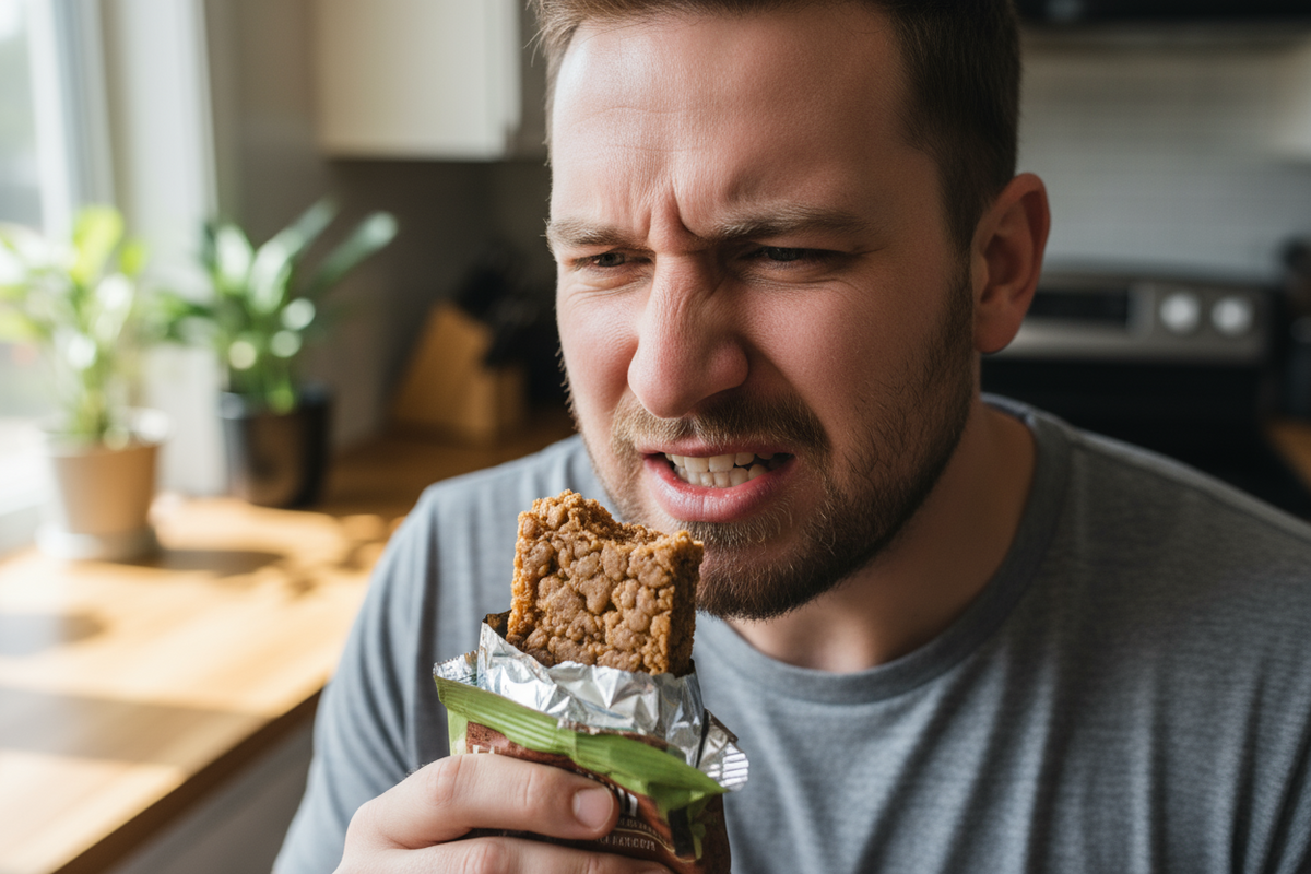 Man looking unimpressed while chewing a dense, chewy protein bar