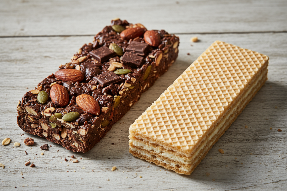 A dense chewy protein bar next to a crispy protein wafer bar