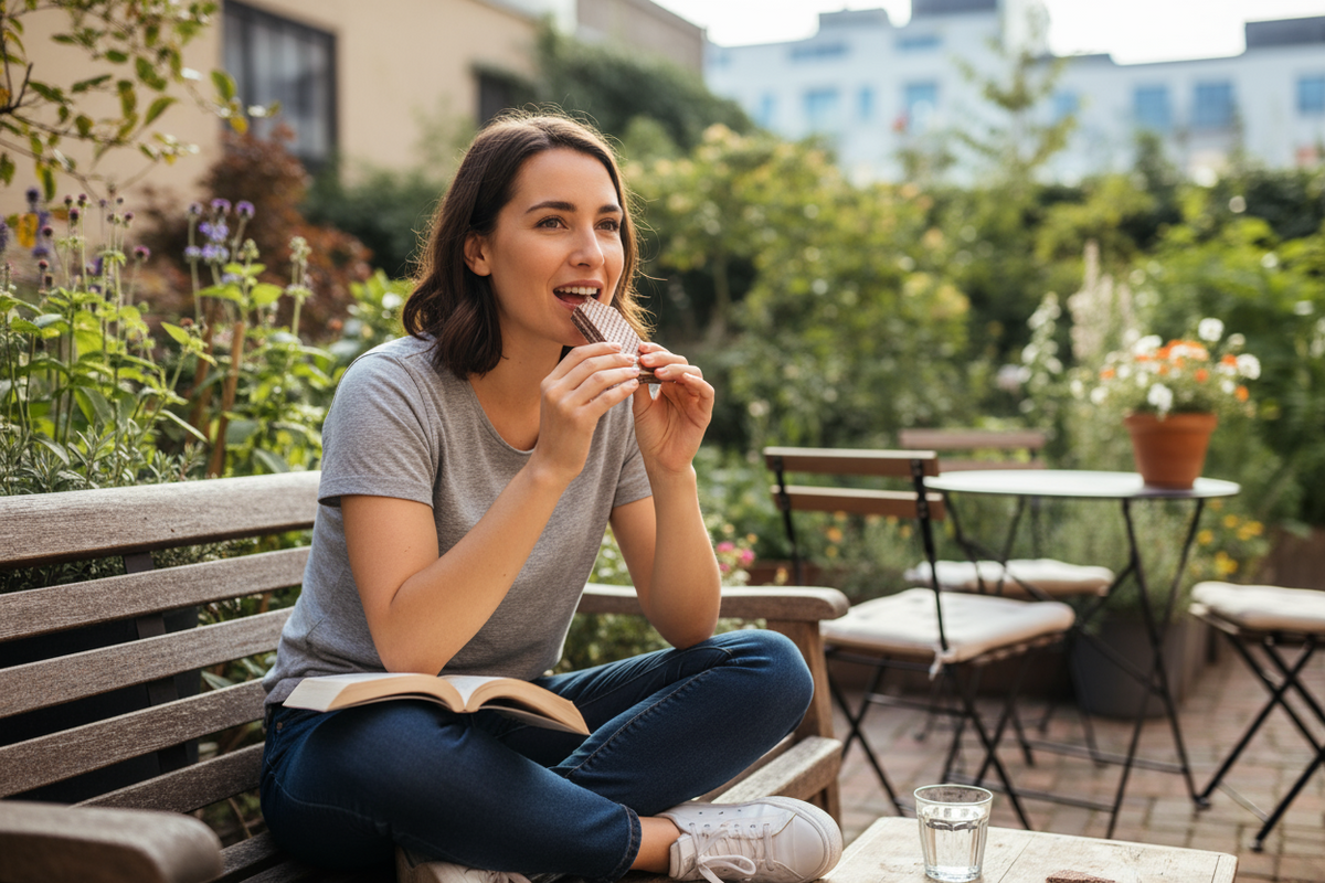 Person enjoying a protein wafer bar as an everyday snack