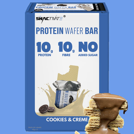 Cookies & Creme Protein Wafer Bar box with a wafer stack dipped in Cookies & Creme coating, on a blue background