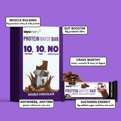 Double Chocolate box and bar with five labelled callouts on a purple background