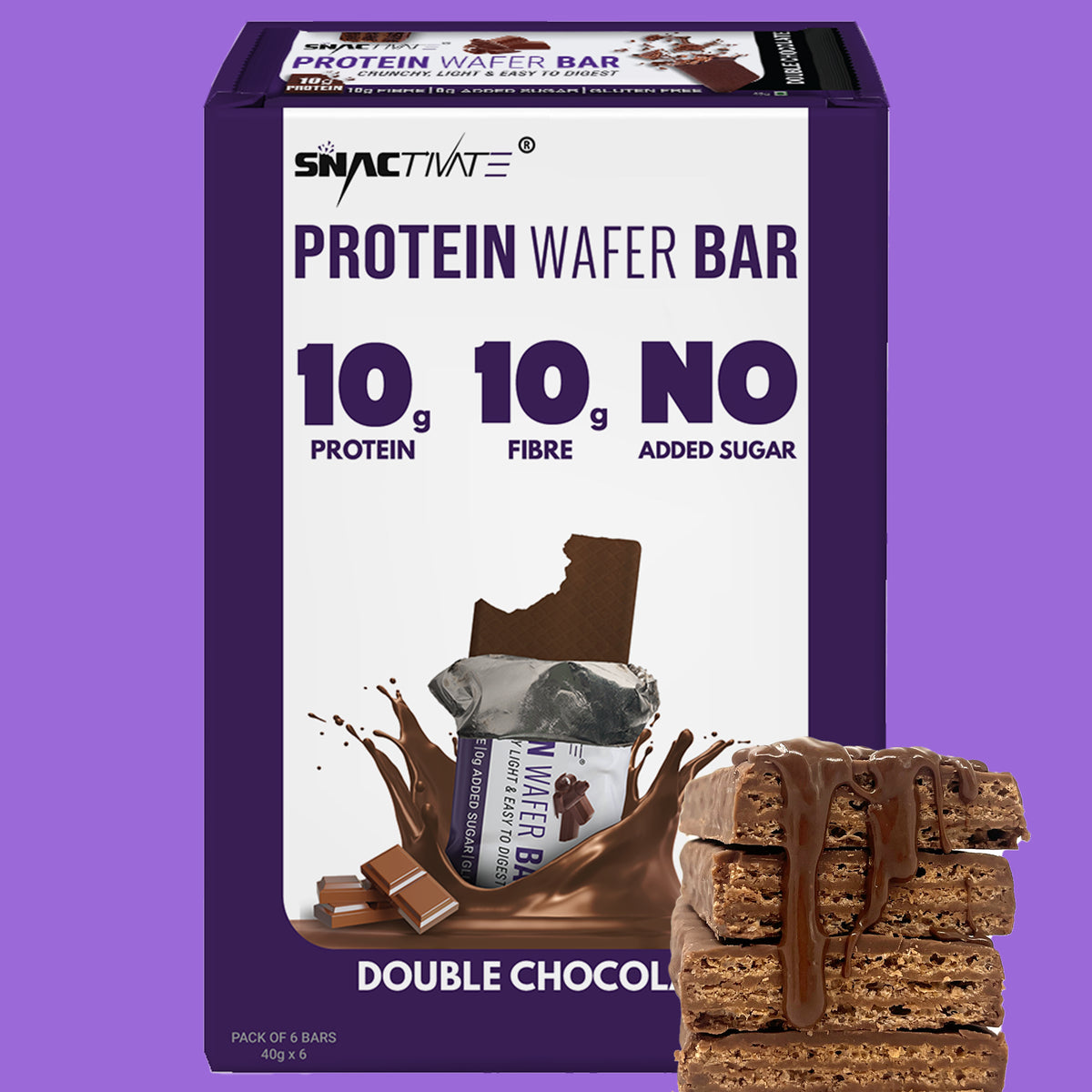 Double Chocolate Protein Wafer Bar box with a wafer stack dipped in Double Chocolate coating, on a purple background