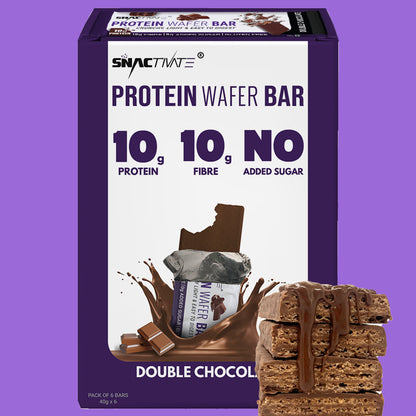 Double Chocolate Protein Wafer Bar box with a wafer stack dipped in Double Chocolate coating, on a purple background