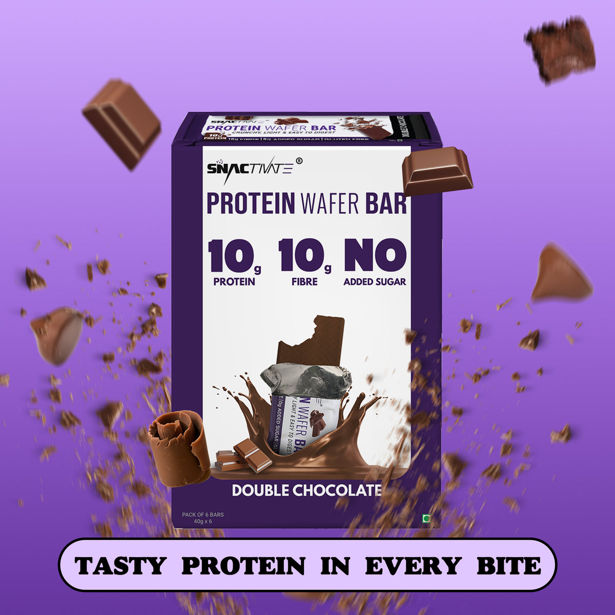 Double Chocolate Protein Wafer Bar box surrounded by chocolate chunks, with the line "Tasty protein in every bite"