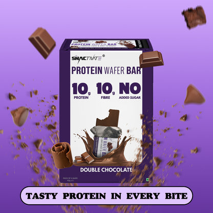 Double Chocolate Protein Wafer Bar box surrounded by chocolate chunks, with the line "Tasty protein in every bite"
