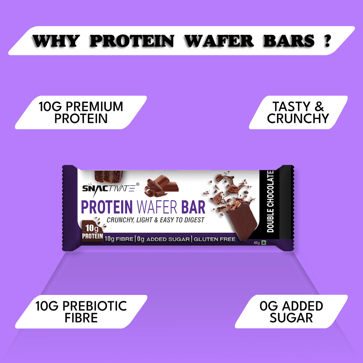Double Chocolate bar with four callouts under the heading "Why protein wafer bars?"