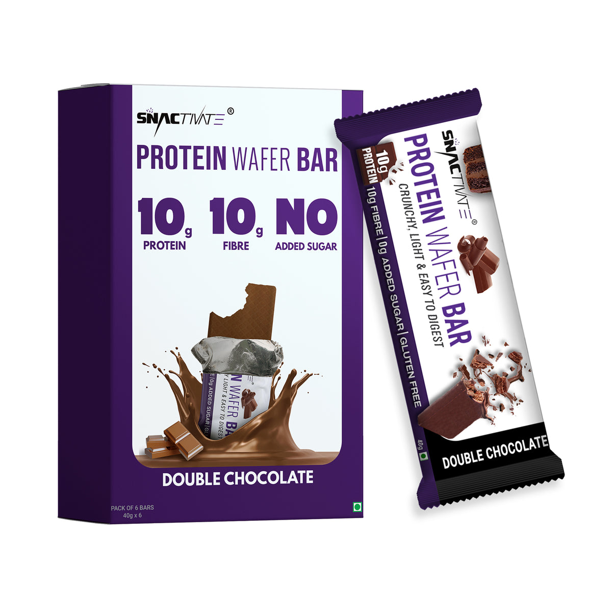 Double Chocolate Protein Wafer Bar box with a single wrapped bar beside it