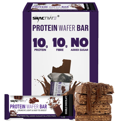 Double Chocolate box with a wrapped bar and a stack of wafer layers in front