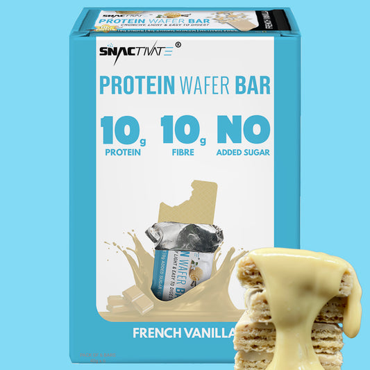 French Vanilla Protein Wafer Bar box with a wafer stack dipped in French Vanilla coating, on a light blue background