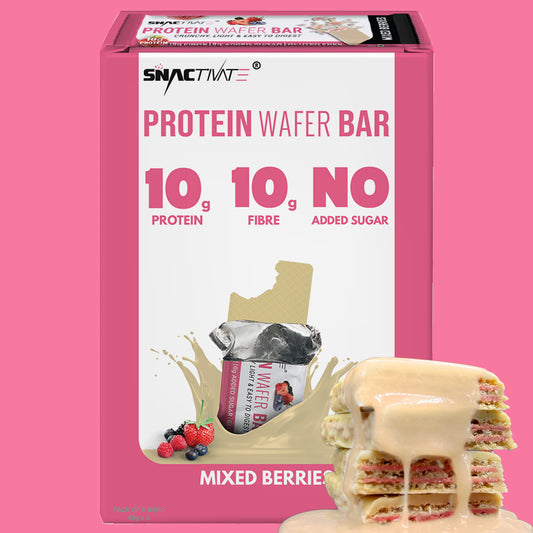 Mixed Berries Protein Wafer Bar box with a wafer stack dipped in Mixed Berries coating, on a pink background
