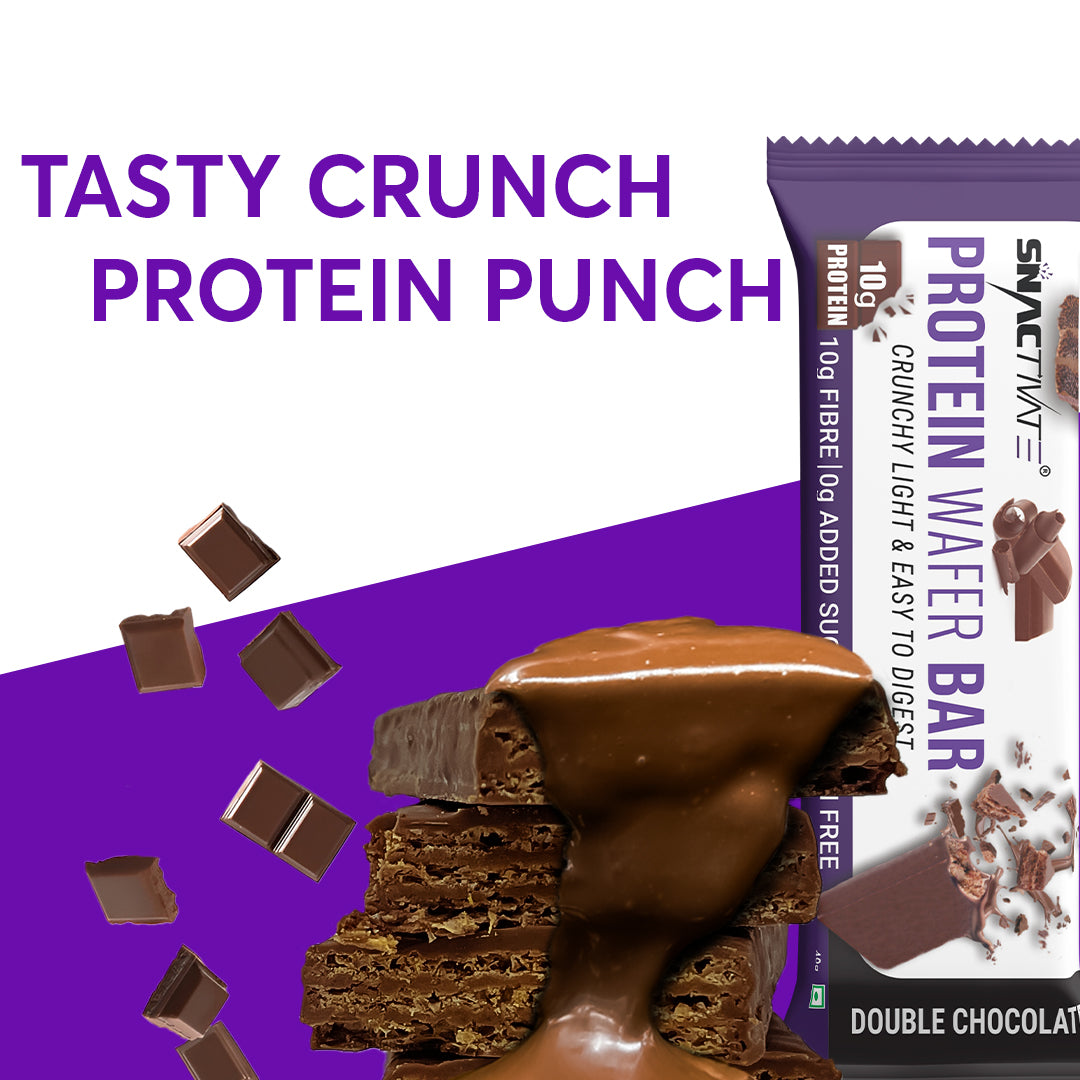 Double Chocolate bar with a stack of crunchy wafer layers and chocolate chunks, headline "Tasty crunch, protein punch"
