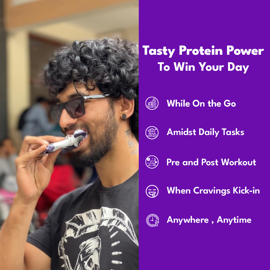 A man in glasses bites into a Double Chocolate bar, next to a list of snacking moments: on the go, during daily tasks, around a workout, when cravings hit