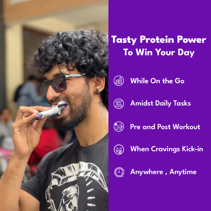 A man in glasses bites into a Double Chocolate bar, next to a list of snacking moments: on the go, during daily tasks, around a workout, when cravings hit
