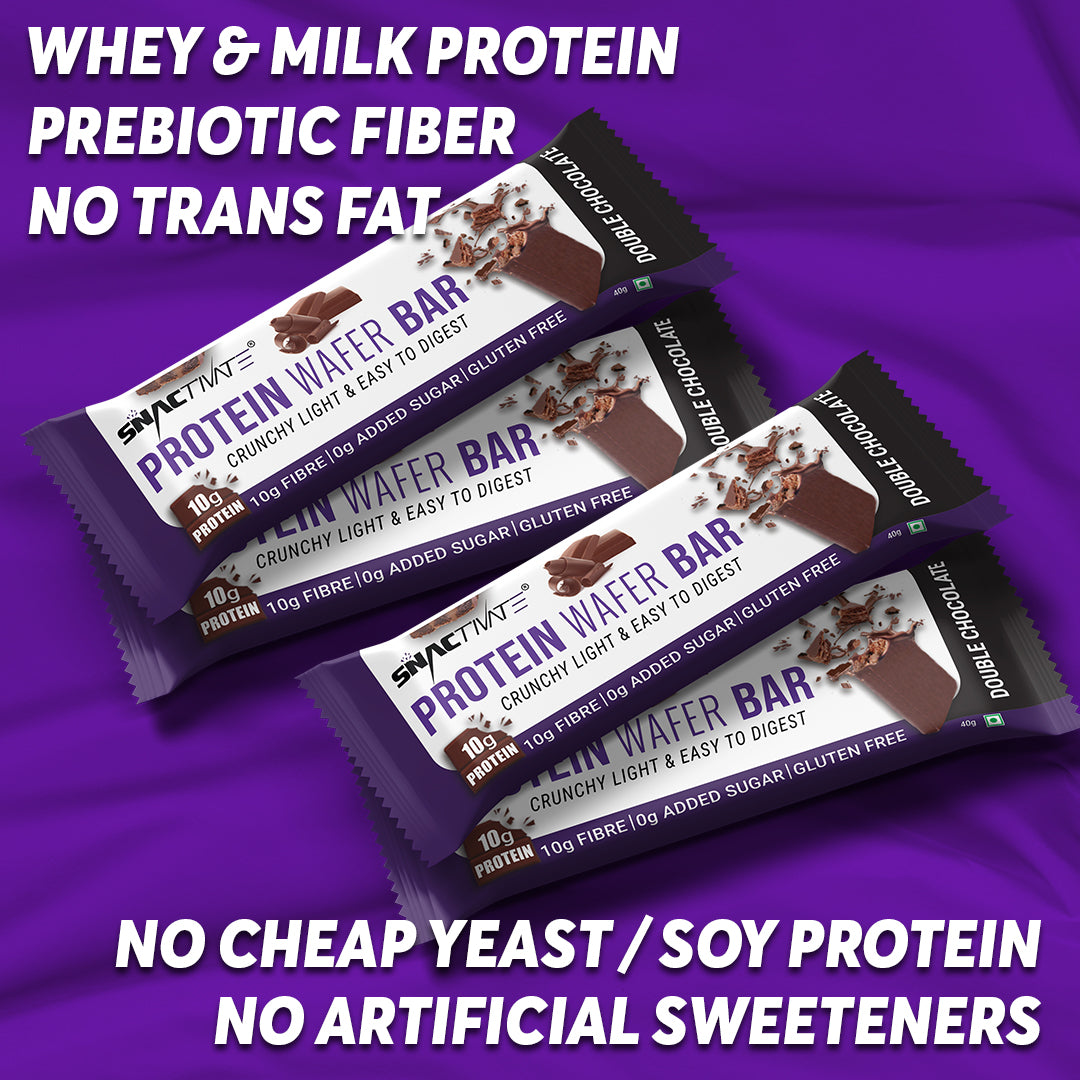 Three wrapped Double Chocolate bars on a purple background, with ingredient headlines above and below