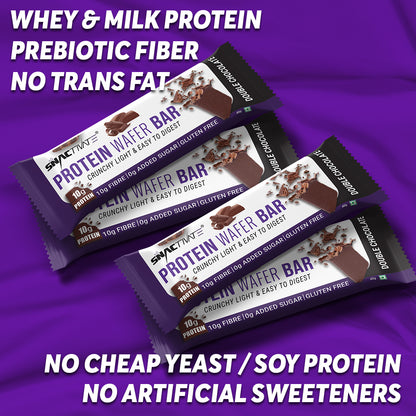 Three wrapped Double Chocolate bars on a purple background, with ingredient headlines above and below