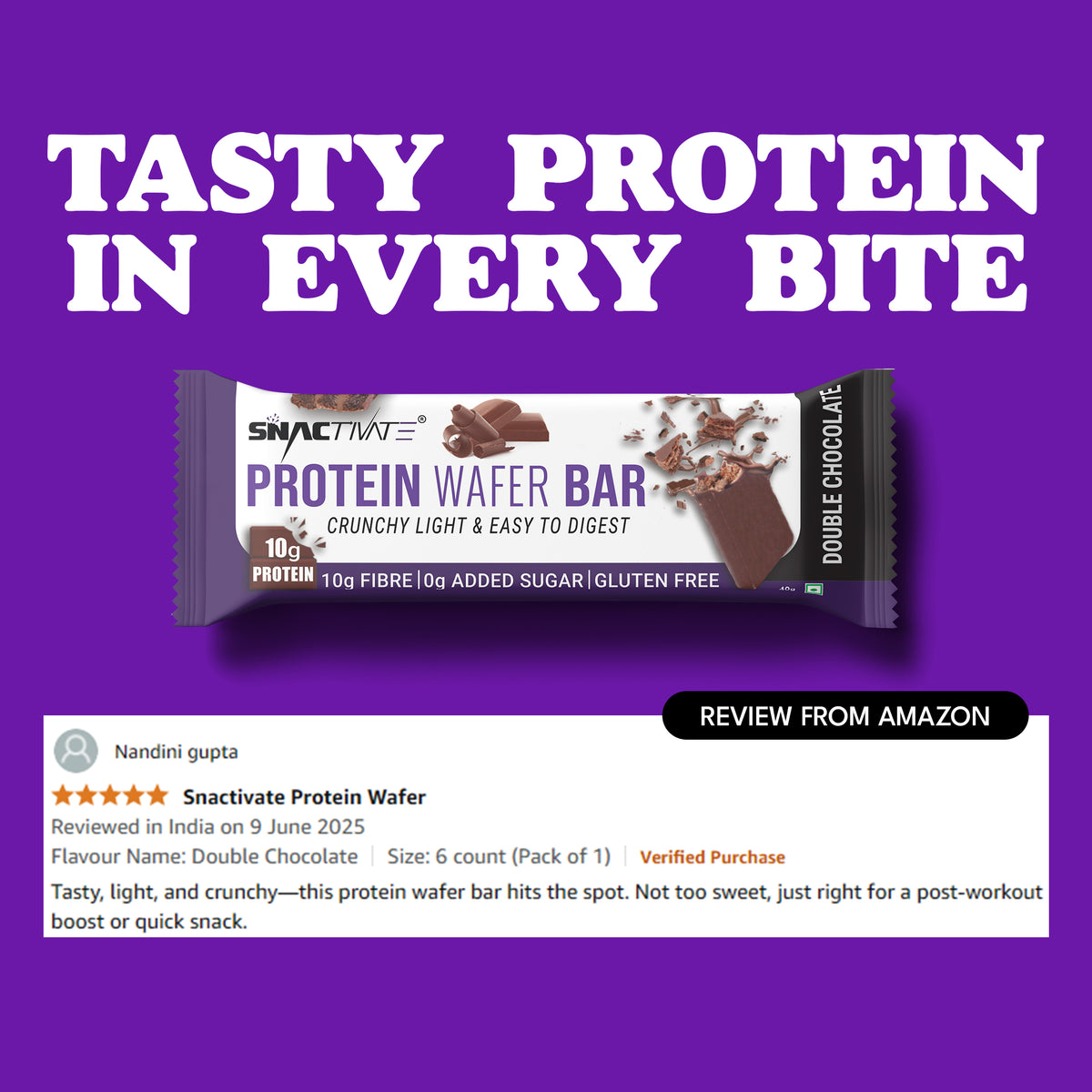 Double Chocolate bar above a customer review card from Amazon