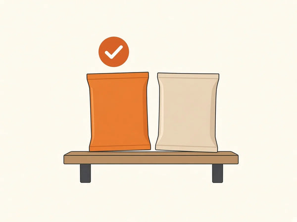 Two plain snack packets on a wooden shelf, with an orange tick above one.